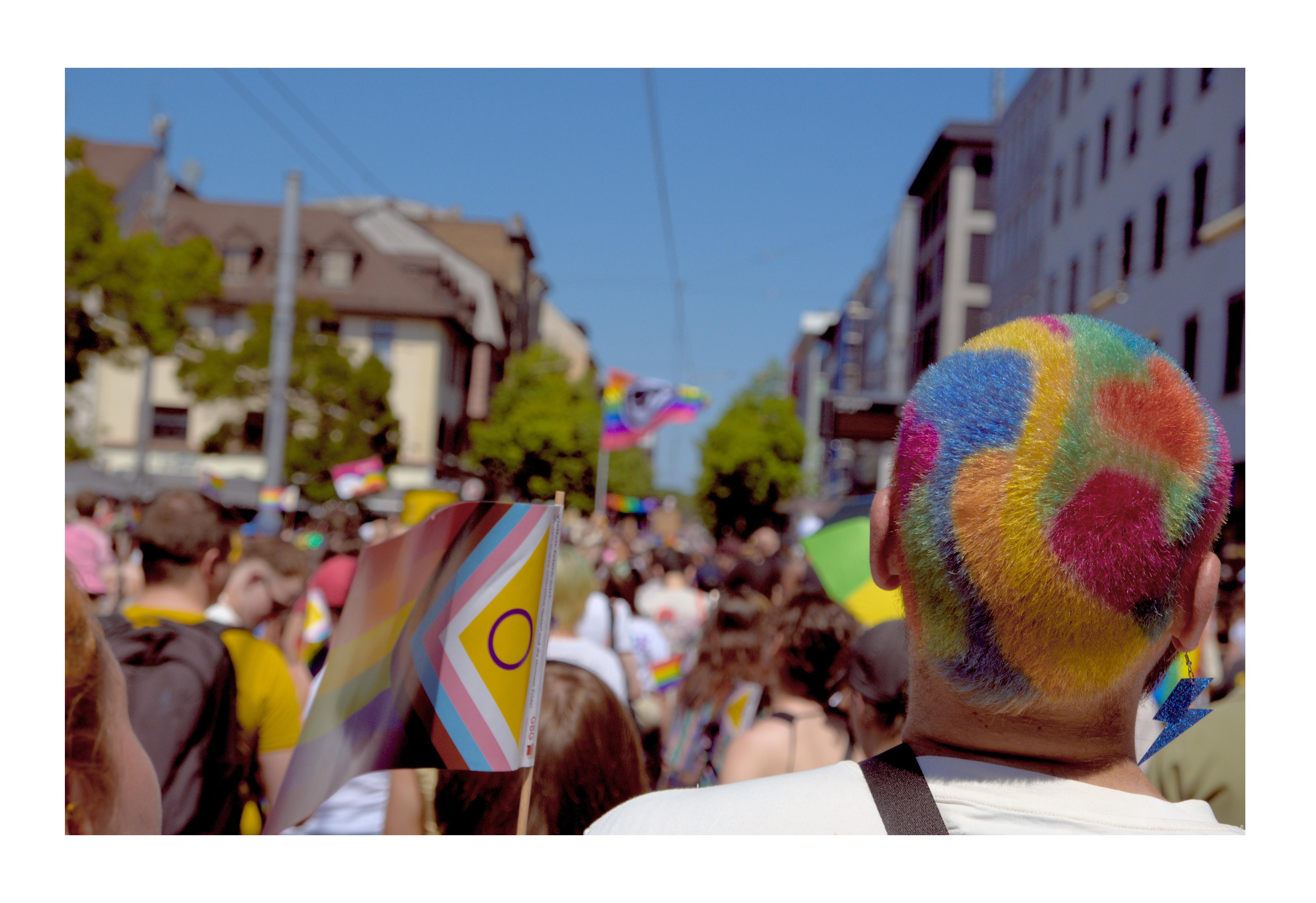 A Pride protest march seen from behind the crowd on a sunny city street. In the foreground right, the back of a person's closely shaved head painted in overlapping patches of rainbow colour, wearing a blue glitter lightning-bolt earring. To the left, someone holds a Progress Pride flag with the intersex circle. Blurred crowds, more rainbow flags, trees and apartment buildings recede down the street toward the horizon.