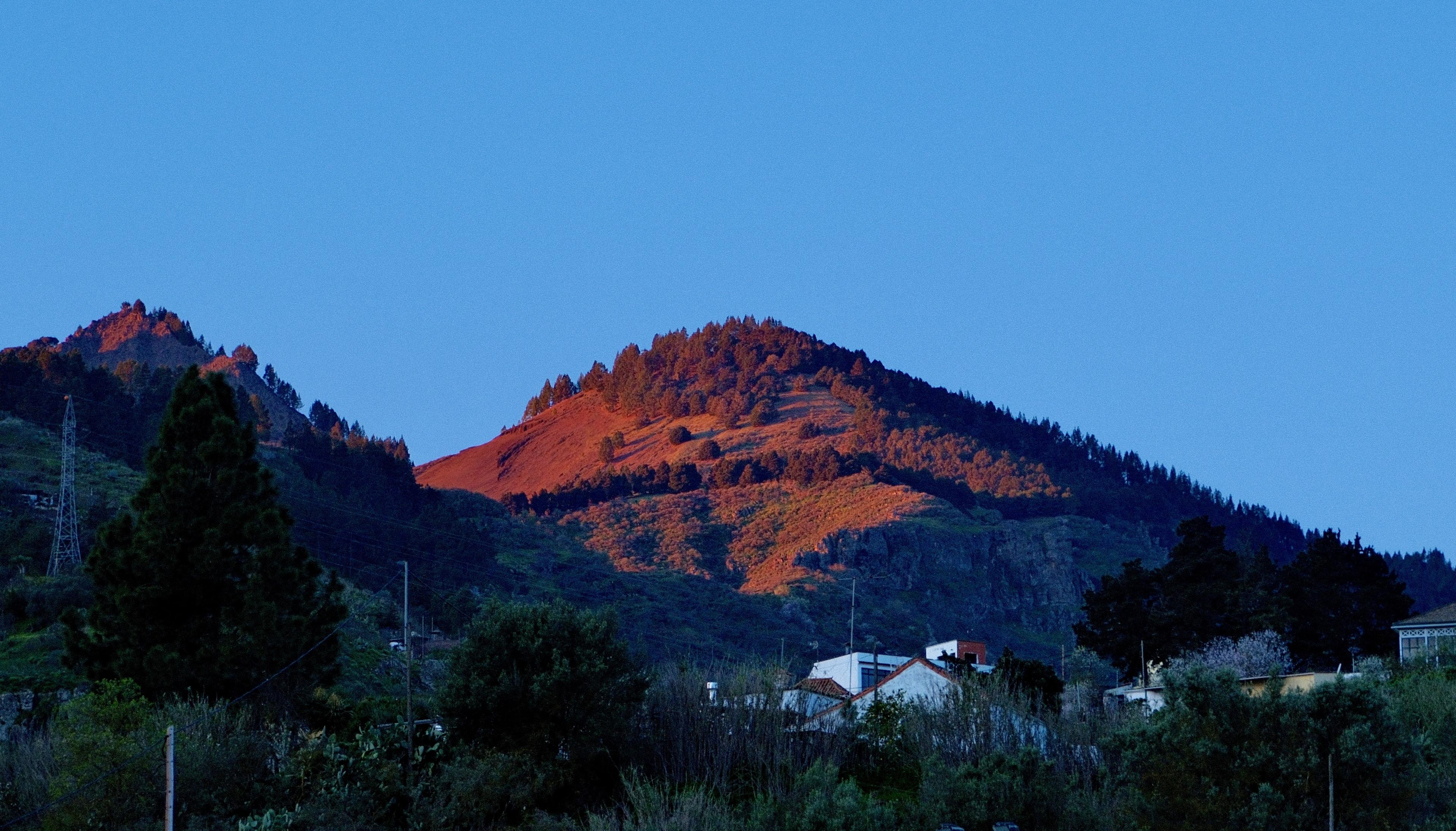 A mountain range at sunrise, with the upper peaks and slopes bathed in vivid orange-red light from the rising sun, contrasting sharply with the deep blue sky and the cooler, shadowed lower slopes covered in dense evergreen trees. Small residential buildings and utility poles are visible in the foreground, partially obscured by trees and shrubs. A metal transmission tower is visible on the left side of the image.