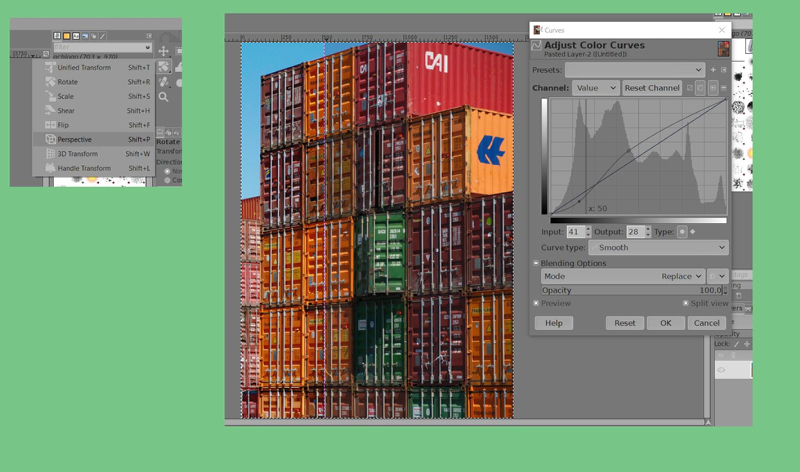 The editing steps in GIMP: 1 the use of the perspective tool, 2. the colours curve to make the shadows 'pop' a little more.